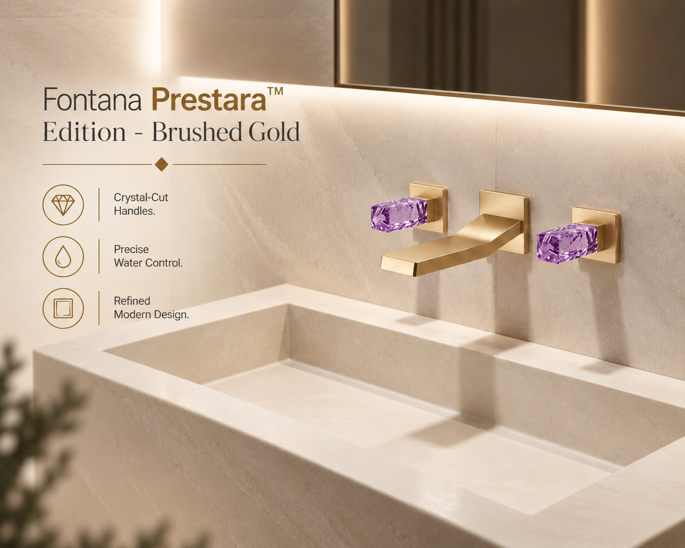 Fontana Prestara Brushed Gold Wall-Mounted Waterfall Bathroom Faucet with Crystal Handles